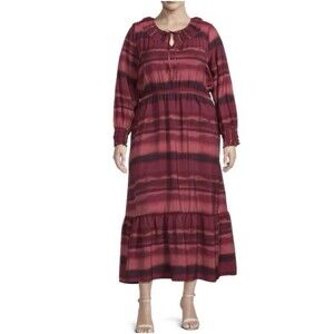 Terra Sky Tuscan Rose Striped Tiered Long Sleeve Maxi Dress Women’s Plus Size 2X